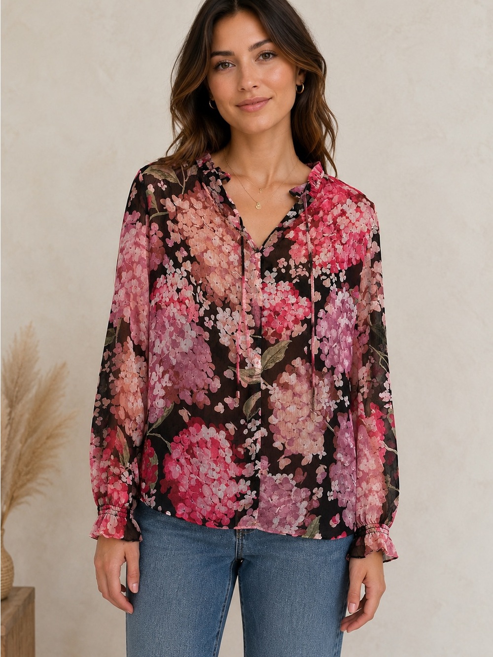 H&M Floral Blouse XS Black Pink Sheer Ruffle Tie Neck Long Sleeve Cottagecore